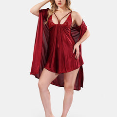 Be You Solid Lace Details Satin Nighty with Robe