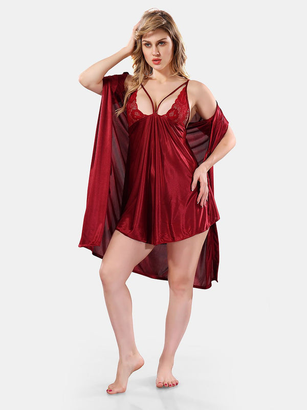 Be You Solid Lace Details Satin Nighty with Robe