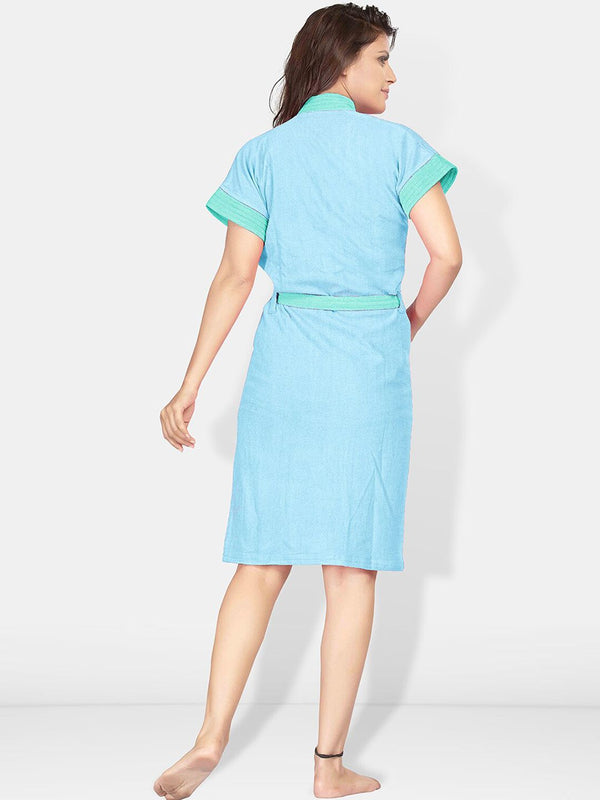 Be You Two-Tone Blue Solid Cotton Drawstring Knee Length Bath Robe