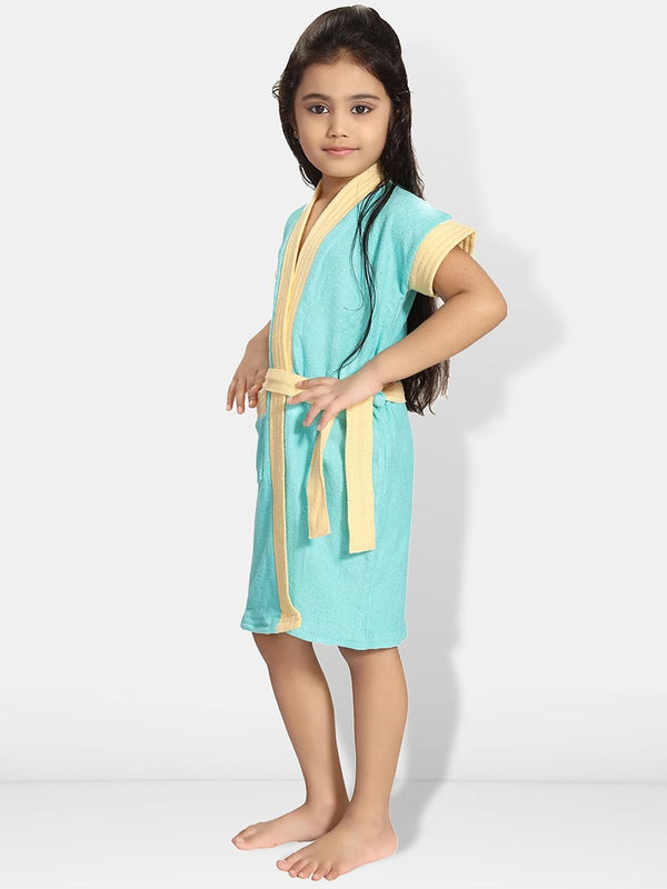 Be You Two-Tone Blue Solid Cotton Drawstring Knee Length Bath Robe