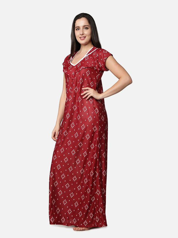 Be You Women Maroon Printed Maternity Maxi Nightdress