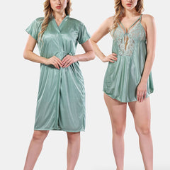 Be You Solid Lace Details Satin Nighty with Robe