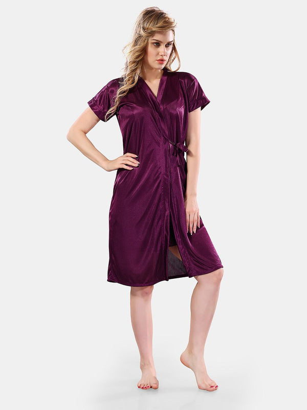 Be You Solid Lace Details Satin Nighty with Robe