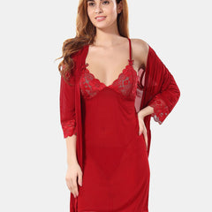 Be You Net Above Knee Length Nightdress With Robe