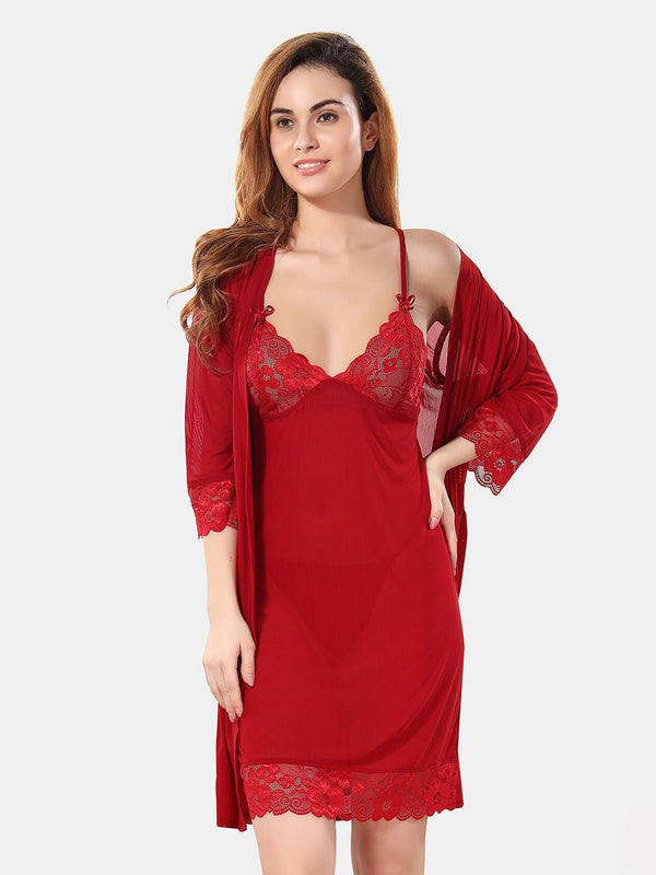 Be You Net Above Knee Length Nightdress With Robe