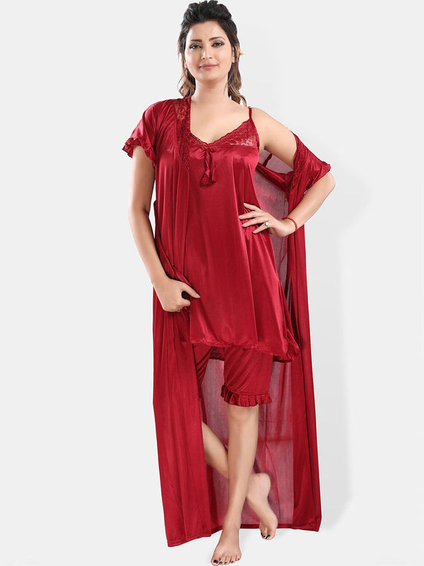 Be You Shoulder Straps Satin Night Suit With Robe