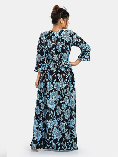 Be You Floral Printed V-Neck Satin Maxi Sweat Nightdress