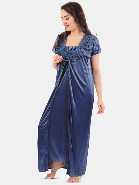 Be You Floral Lace Shoulder Straps Satin Maxi Nightdress With Robe