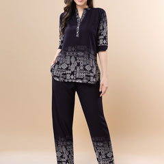 Be You Printed Mandarin Collar Tunic With Trousers