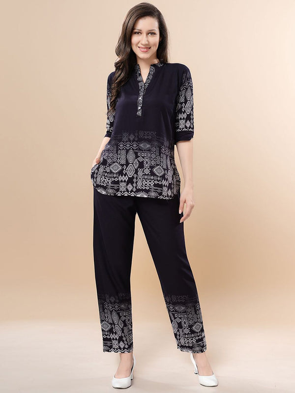 Be You Printed Mandarin Collar Tunic With Trousers