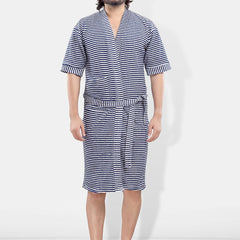 Be You Navy Blue Striped Cotton Drawstring Knee Length Bath Robe-3XL