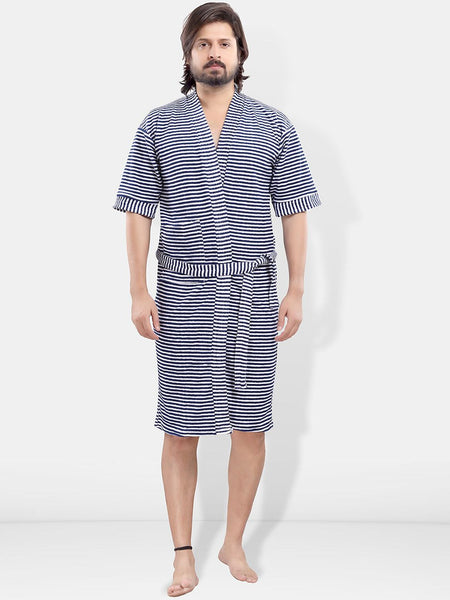Be You Navy Blue Striped Cotton Drawstring Knee Length Bath Robe-3XL