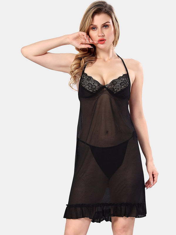 Be You Halter Neck Net Baby Doll With Briefs