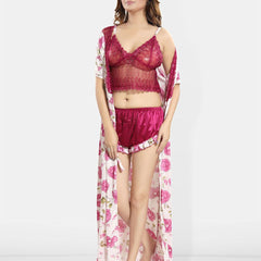 Be You Self Design Shoulder Strap Satin Nightdress & Robe