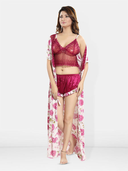 Be You Self Design Shoulder Strap Satin Nightdress & Robe
