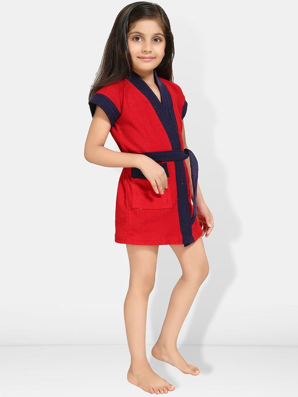 Be You Two Tone Red Solid Cotton Drawstring Knee Length Bath Robe