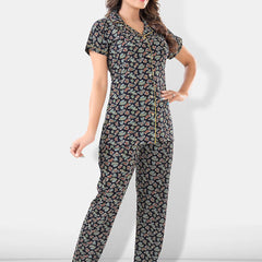 Be You Women Black & Blue Printed Pajama & Shorts with Shirt Night Suits