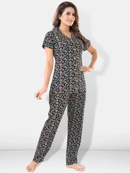 Be You Women Black & Blue Printed Pajama & Shorts with Shirt Night Suits