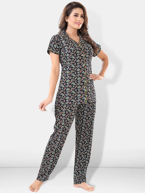 Be You Women Black & Blue Printed Pajama & Shorts with Shirt Night Suits