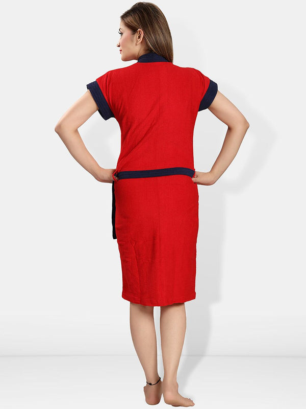 Be You Red Solid Cotton Drawstring Knee Length Bath Robe-L/XL