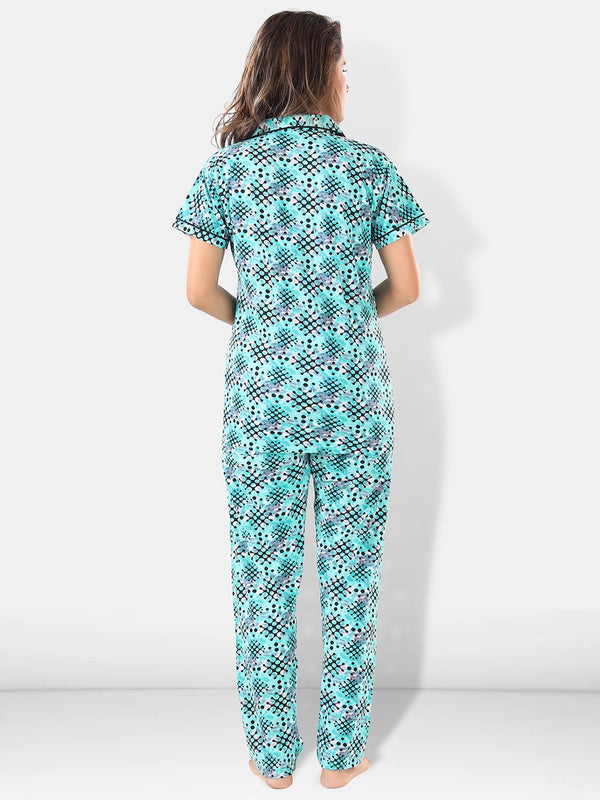 Be You Women Turquoise Blue & Black Printed Pajama & Shorts with Shirt Night Suits