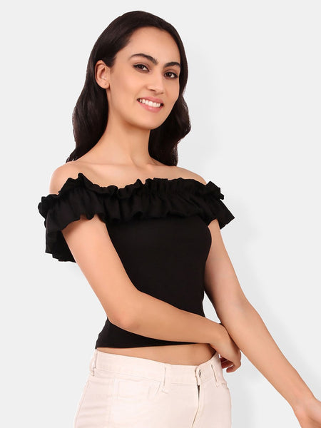 Be You Off-Shoulder Flutter Sleeve Ruffles Cotton Bardot Crop Top
