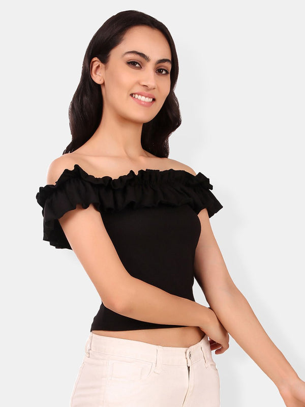 Be You Off-Shoulder Flutter Sleeve Ruffles Cotton Bardot Crop Top