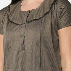 Be You Women Brown Striped Maxi Maternity Nightdress