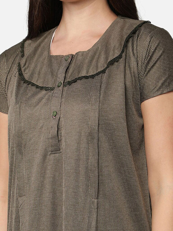 Be You Women Brown Striped Maxi Maternity Nightdress