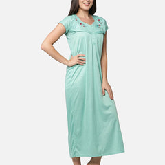 Be You Women Green Embroidered Maxi Maternity Nightdress