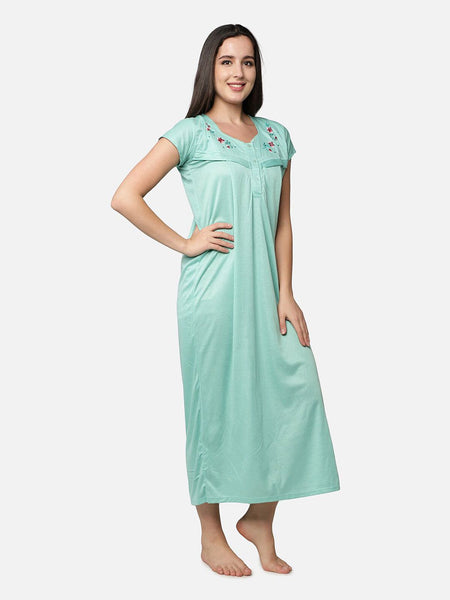 Be You Women Green Embroidered Maxi Maternity Nightdress