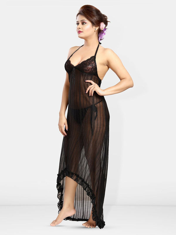 Be You Self Design Halter Neck Net Baby Doll With Brief