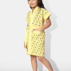 Be You Strawberry Printed Yellow Conversational Cotton Drawstring Knee Length Bath Robe