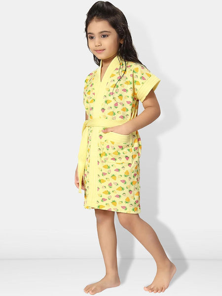 Be You Strawberry Printed Yellow Conversational Cotton Drawstring Knee Length Bath Robe