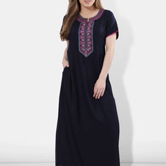 Be You Navy Blue Embroidered Maxi Nightdress
