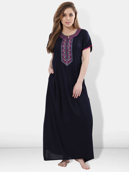 Be You Navy Blue Embroidered Maxi Nightdress