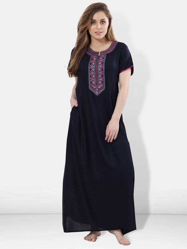 Be You Navy Blue Embroidered Maxi Nightdress