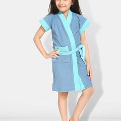 Be You Two-Tone Blue Solid Cotton Drawstring Knee Length Bath Robe