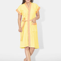 Be You Two-Tone Yellow Solid Cotton Drawstring Knee Length Bath Robe-L/XL