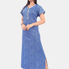 Be You Women Printed Satin Short Sleeves Maxi Nightdress