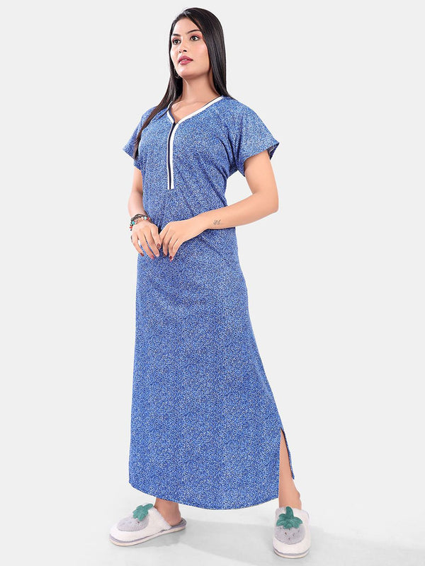 Be You Women Printed Satin Short Sleeves Maxi Nightdress