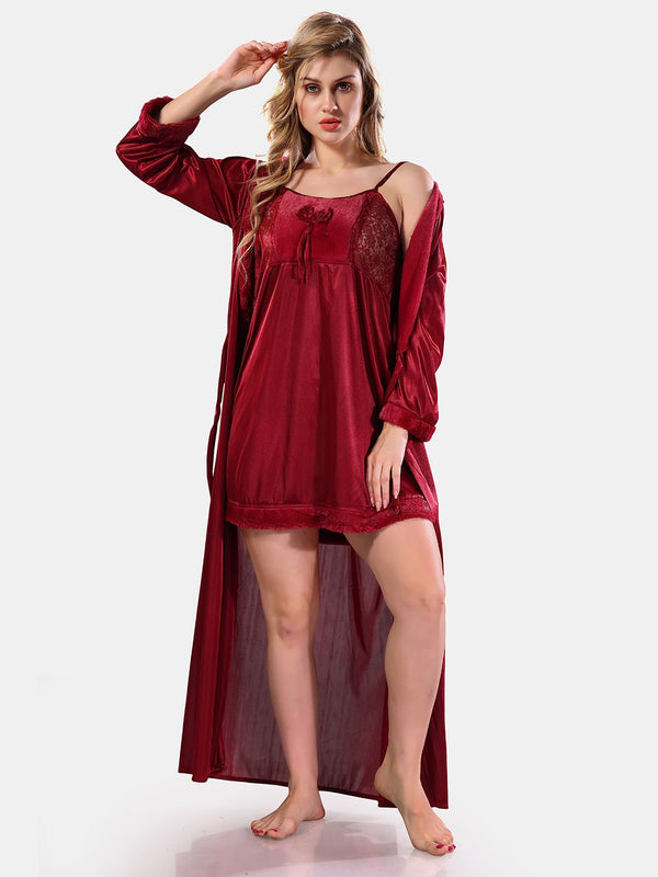 Be You Square Neck Lace Up Details Satin Nightdress With Robe