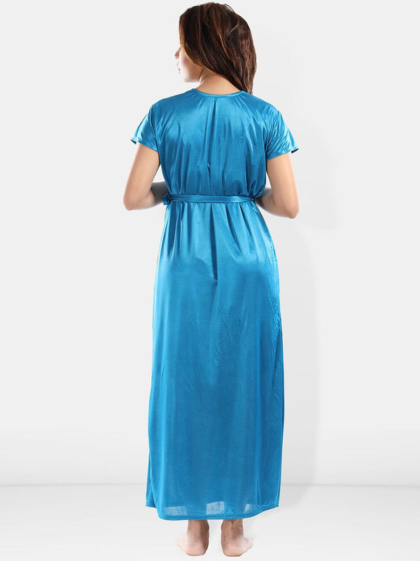 Be You Floral Self Design Satin Nightdress With Robe & Brief