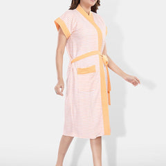 Be You Peach Striped Cotton Drawstring Knee Length Bath Robe-2XL