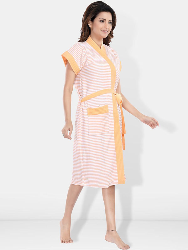 Be You Peach Striped Cotton Drawstring Knee Length Bath Robe-2XL
