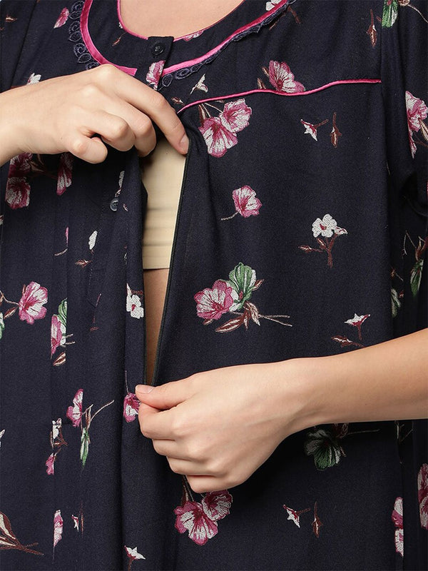 Be You Blue Printed Maxi Nightdress Alpine Feeding / Maternity Gown For Women