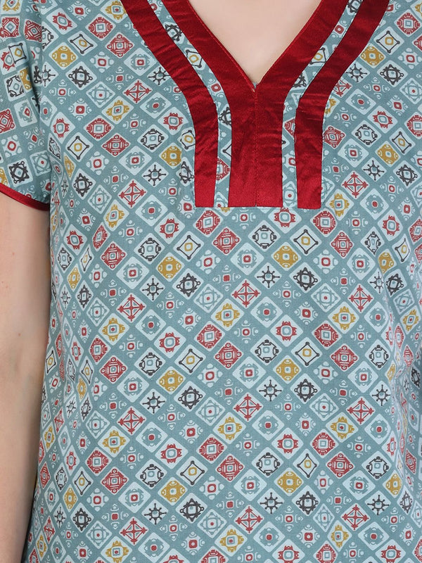 Be You Women Blue Printed Maxi Nightdress