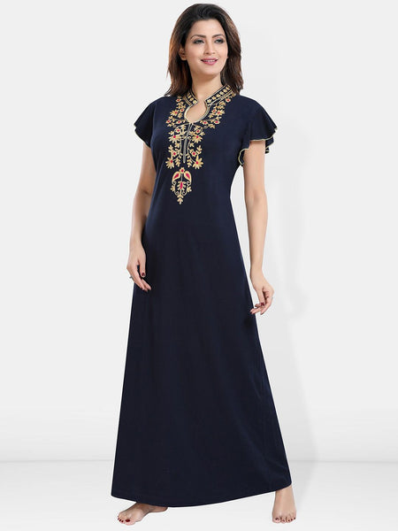 Be You Floral Embroidered Mandarin Collar Maxi Nightdress