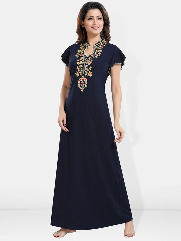 Be You Floral Embroidered Mandarin Collar Maxi Nightdress