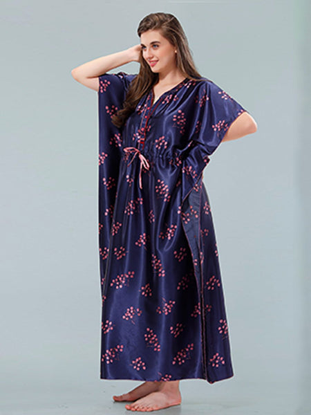Be You Navy Blue Printed Maxi Kaftan Nightdress